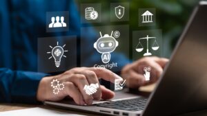 A close up of hands typing on a keyboard as icons related to law and AI appear, with one in the center that says the word 'Copyright' underneath.