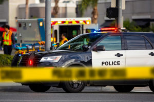 Emergency and police units respond to the scene of an emergency.