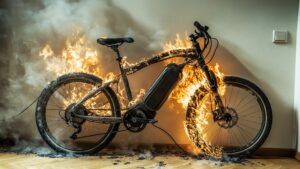 A flaming electric bike sits against a light colored wall.