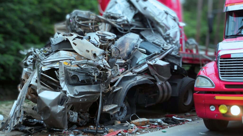 A truck's smashed cab is seen in close-up while an emergency vehicle approaches on the right side.