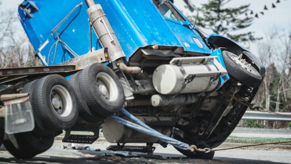 Blue semi-truck being pulled up-right after crash