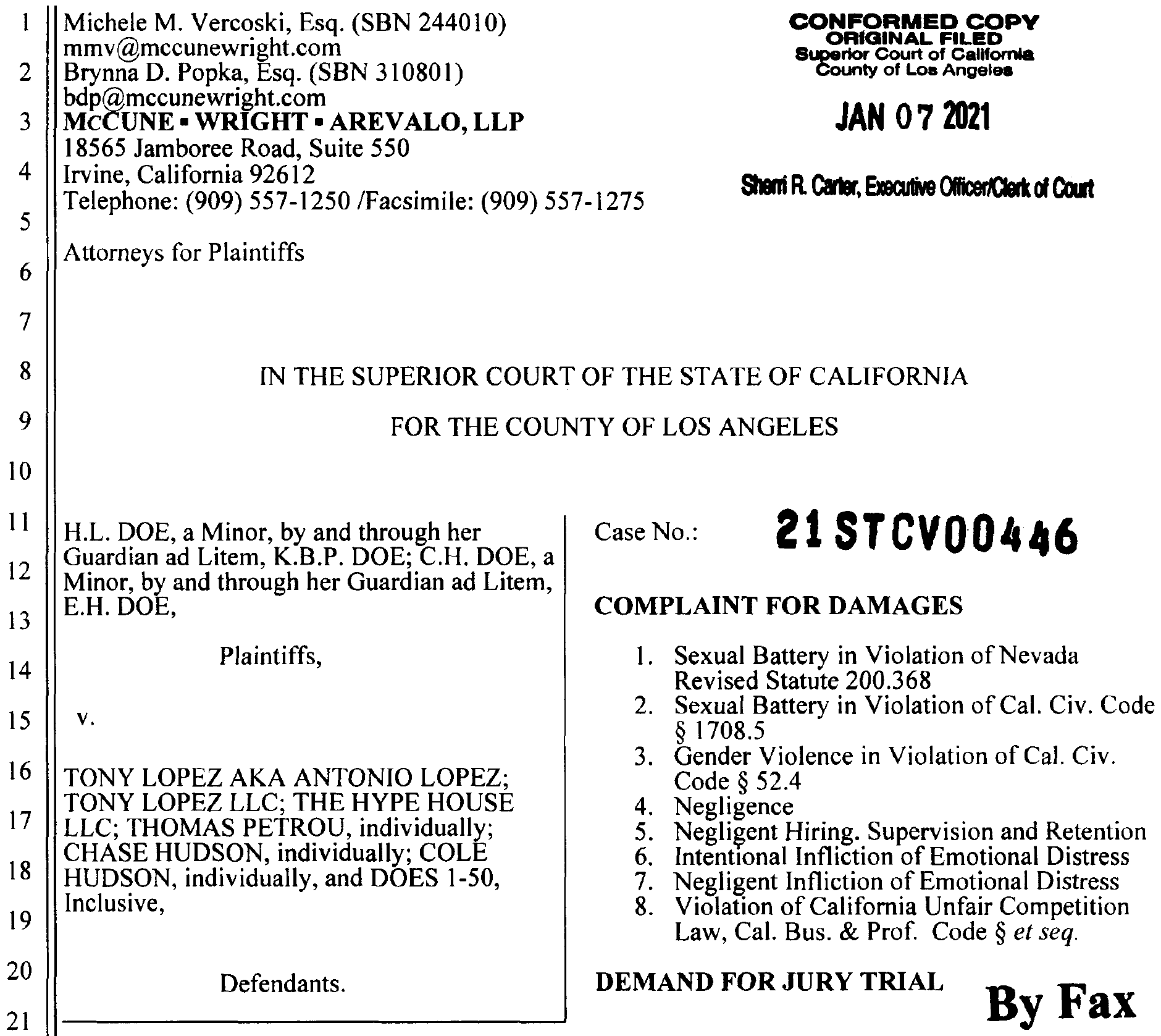 Screenshot of the Complaint Against Tony Lopez and The Hype House, LLC for Sexual Battery and Negligence