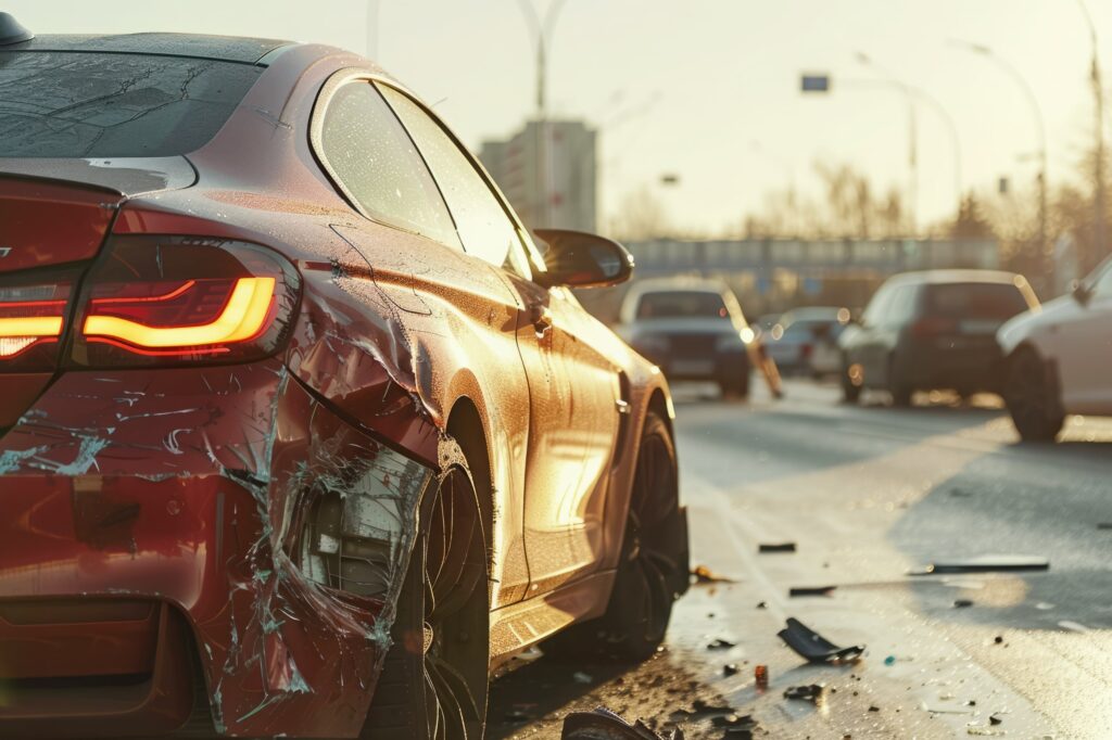A red car with a dented bumper faces a busy road.