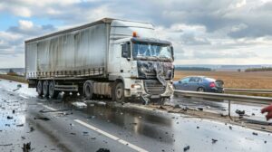 A white semi-truck with a shattered windshield sits across the highway from a sedan and a wheat field.