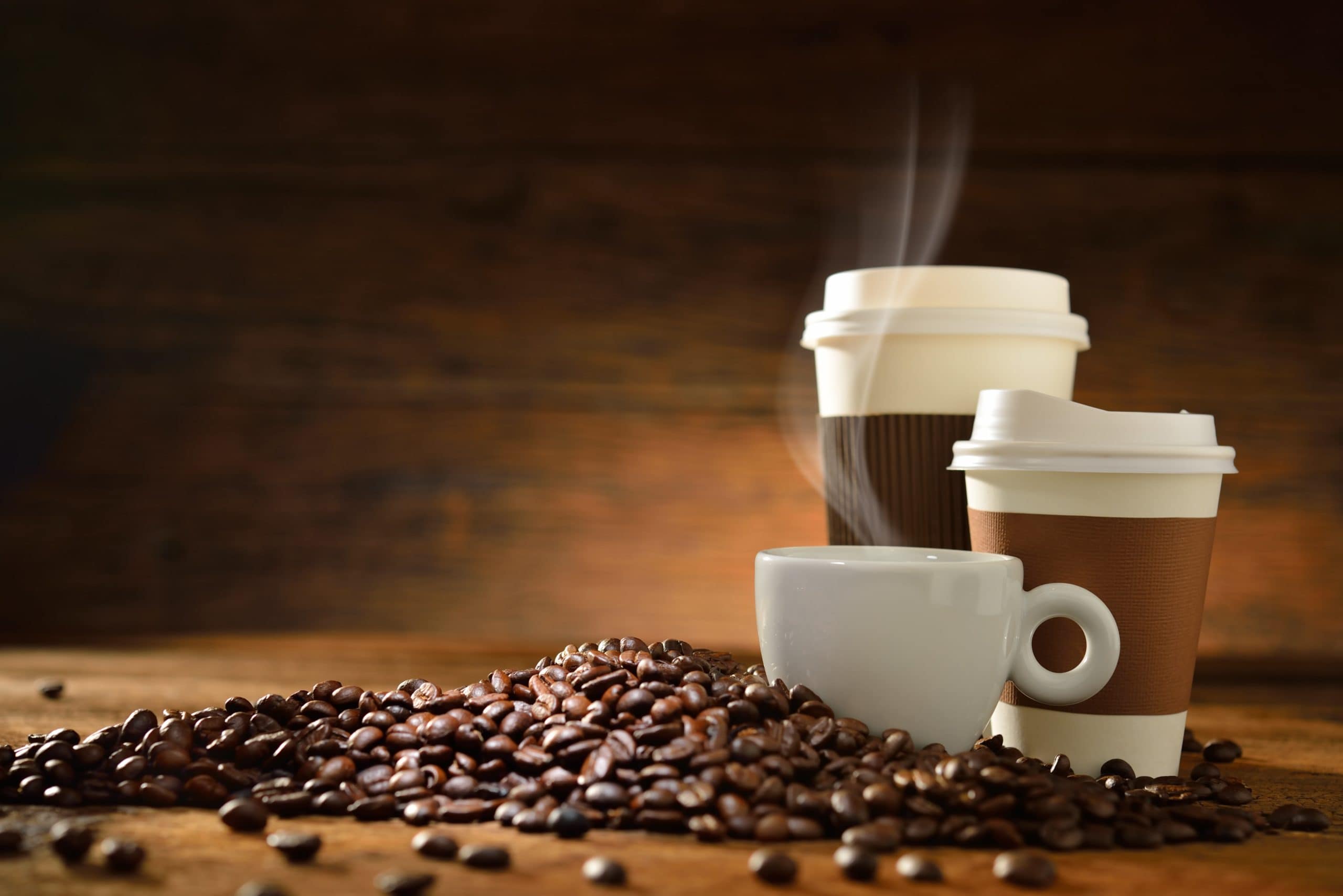 Coffee beans mugs cups